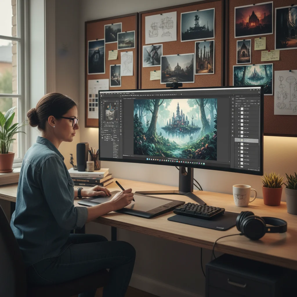 Professional designer using advanced desktop photo editing software with complex layers.
