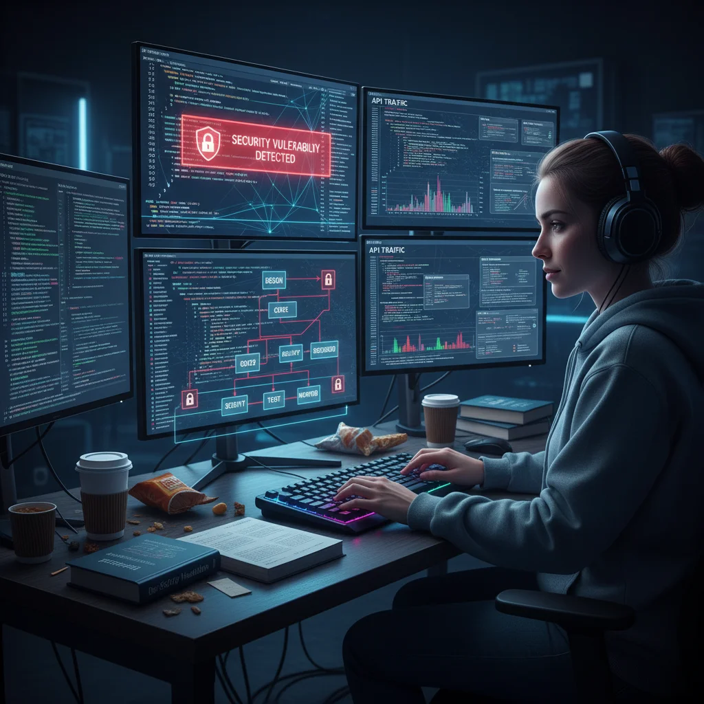 Developer integrating security in API development with DevSecOps practices and real-time alerts.