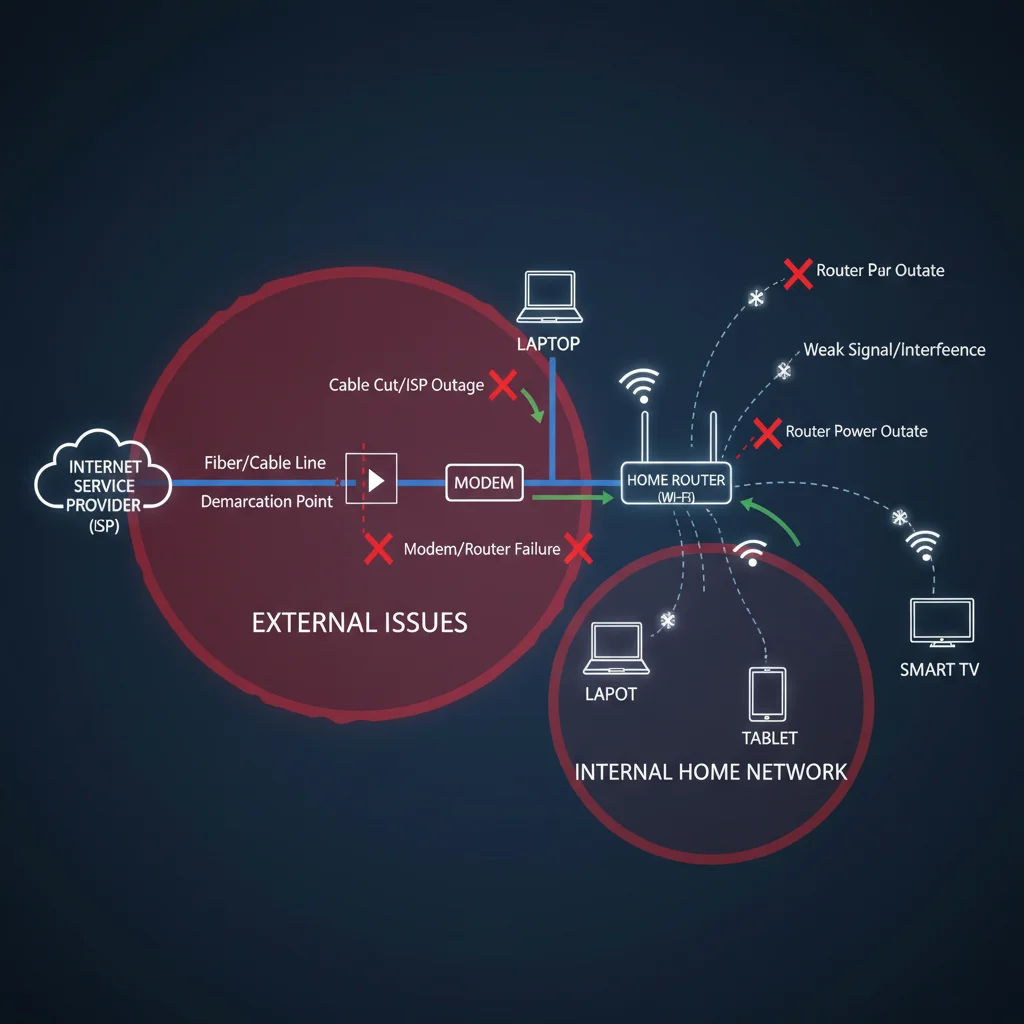 Diagrama de rede ilustrando a conexão de internet do provedor ao roteador e dispositivos via Wi-Fi.