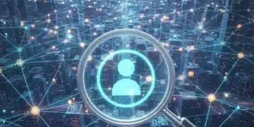 Digital landscape with magnifying glass over profile, symbolizing online reputation management in 2026.