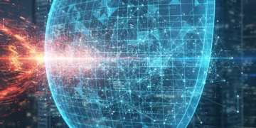 Digital shield protecting corporate data network from cyber threats, illustrating advanced data breach prevention.