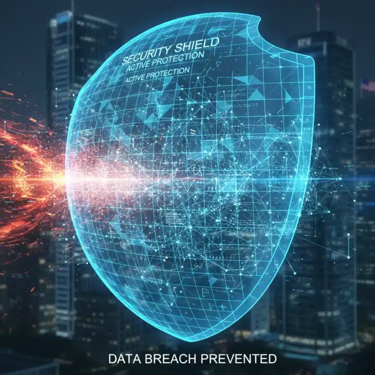Digital shield protecting corporate data network from cyber threats, illustrating advanced data breach prevention.