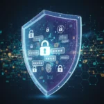 Digital shield protecting diverse login credentials, symbolizing advanced password management and cybersecurity.