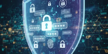 Digital shield protecting diverse login credentials, symbolizing advanced password management and cybersecurity.