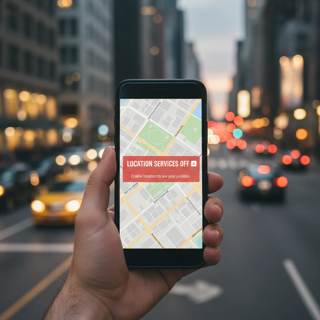 Smartphone displaying disabled location services in a city environment