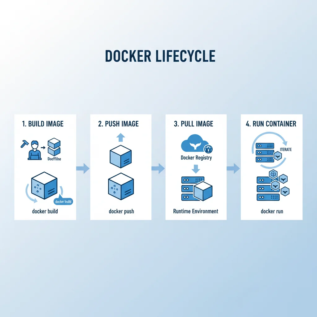 Infographic showing the Docker container lifecycle, including build, push, pull, and run phases.
