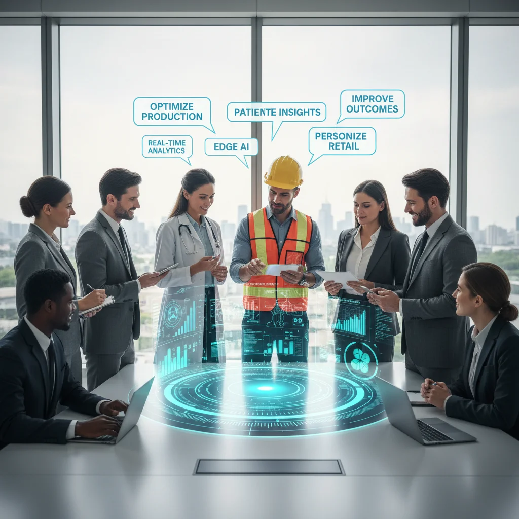 Professionals analyzing edge AI powered real-time data for strategic decisions.