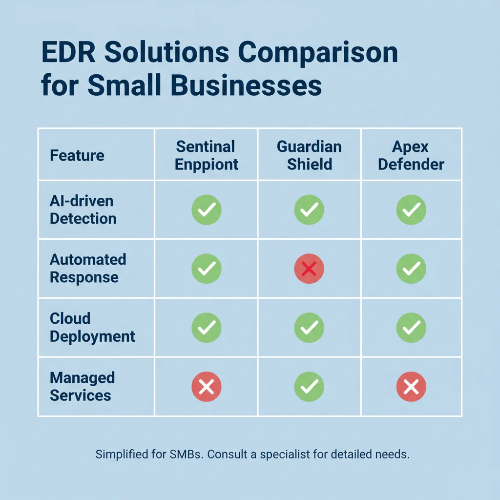 Infographic comparing features of various EDR solutions for small businesses.