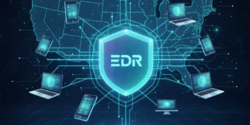 Digital shield protecting a network of devices, representing EDR solutions for small businesses in the U.S.