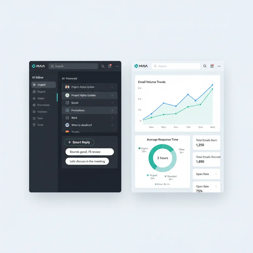 Comparison of email app interfaces with AI features and analytics dashboards.