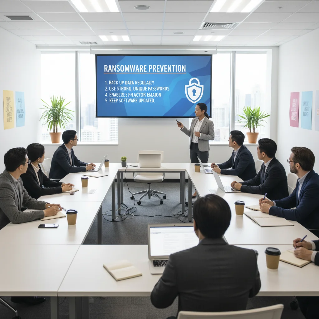 Employees actively participating in cybersecurity awareness training against ransomware