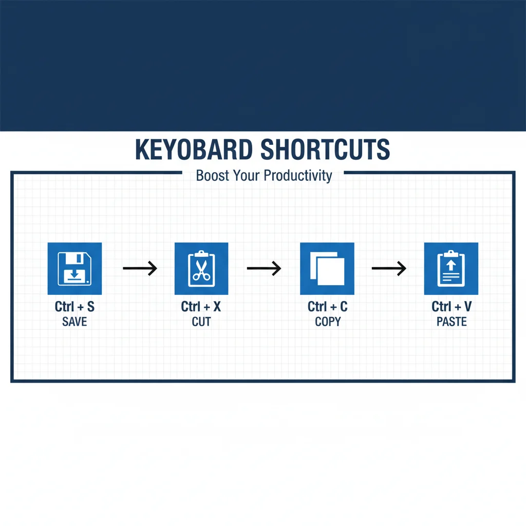 Infographic showing essential keyboard shortcuts and their functions.