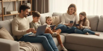 Family using digital devices with parental controls in place