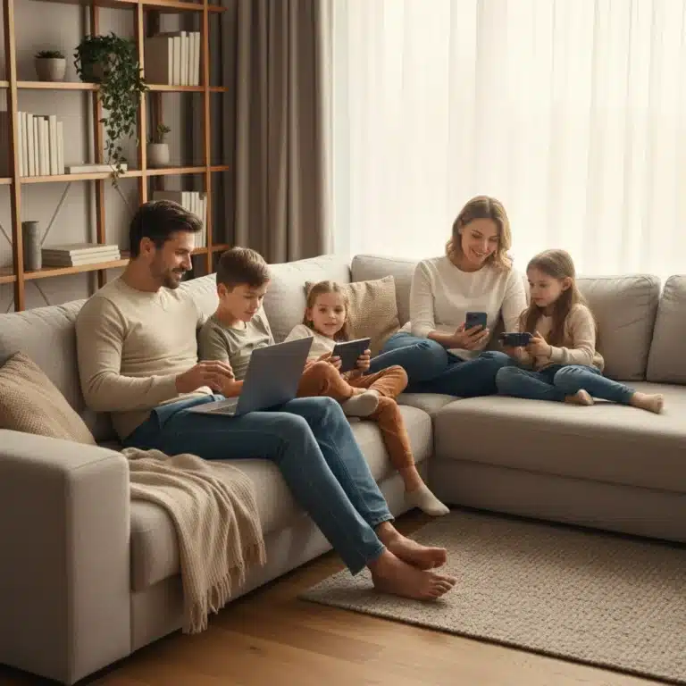 Family using digital devices with parental controls in place