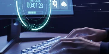Hands typing quickly on a keyboard, symbolizing fast and efficient work using shortcuts.