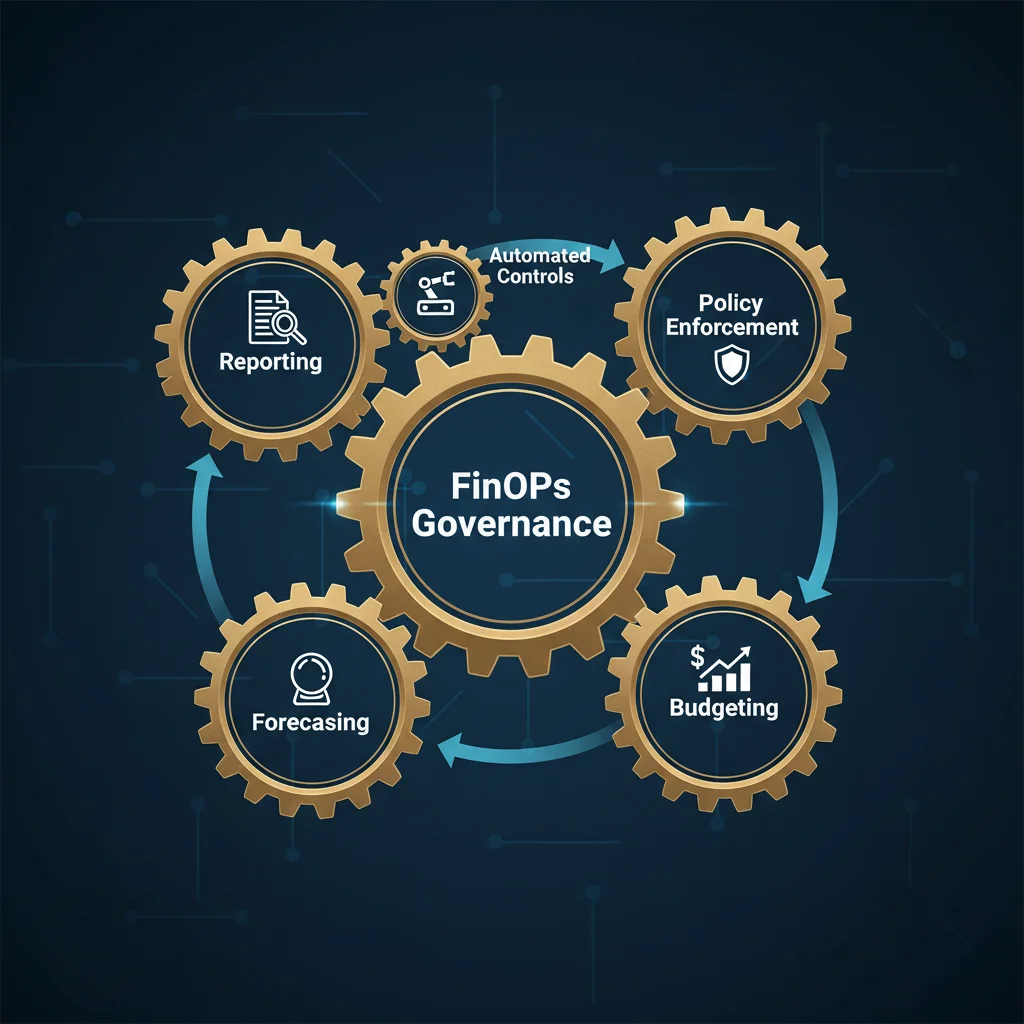 Interconnected gears representing various components of effective FinOps governance working together.