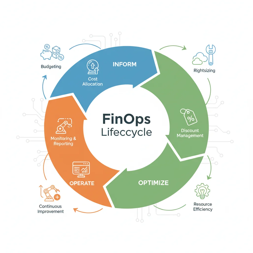 Infographic showing the FinOps lifecycle: Inform, Optimize, Operate, with various interconnected activities.