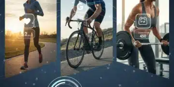 Diverse individuals engaging in fitness activities while their data is tracked on various fitness apps on smartphones and smartwatches, symbolizing performance comparison.