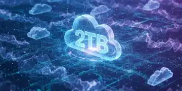 Futuristic digital clouds with 2TB storage icon, representing cloud storage solutions.