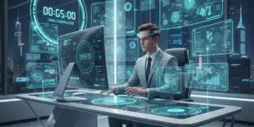 Person using AI interfaces for productivity in a futuristic office setting.