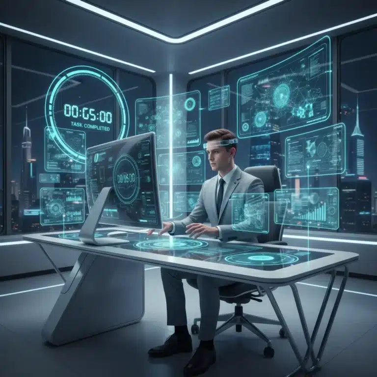 Person using AI interfaces for productivity in a futuristic office setting.