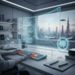 Futuristic workstation with AI writing assistant generating text on a holographic screen, representing enhanced content creation efficiency.