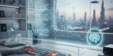 Futuristic workstation with AI writing assistant generating text on a holographic screen, representing enhanced content creation efficiency.
