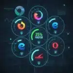 Futuristic web browser comparison interface with speed and privacy metrics