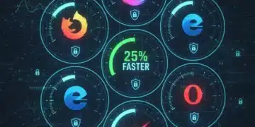 Futuristic web browser comparison interface with speed and privacy metrics