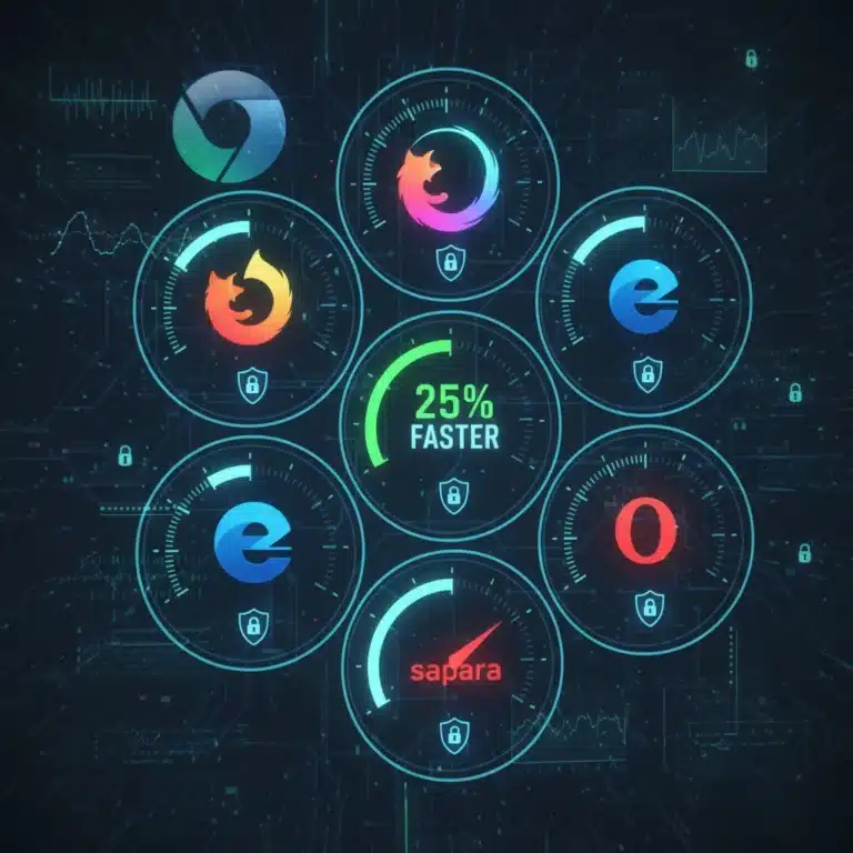 Futuristic web browser comparison interface with speed and privacy metrics