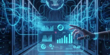 Futuristic data center with holographic interface showing cloud automation efficiency