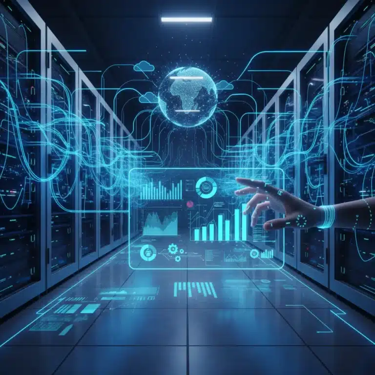 Futuristic data center with holographic interface showing cloud automation efficiency