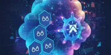 Futuristic cloud architecture showing Docker containers connecting to a Kubernetes cluster for cloud deployment in 2026.