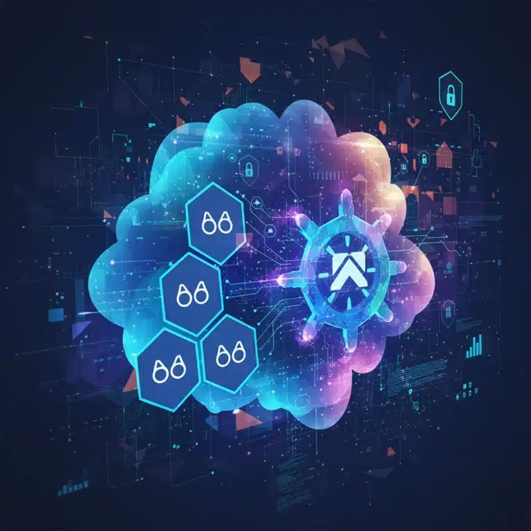 Futuristic cloud architecture showing Docker containers connecting to a Kubernetes cluster for cloud deployment in 2026.