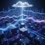 Futuristic cloud data warehousing architecture with interconnected data nodes and analytical insights.