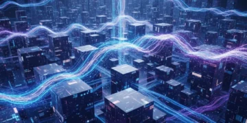 Futuristic cloud data warehousing architecture with interconnected data nodes and analytical insights.