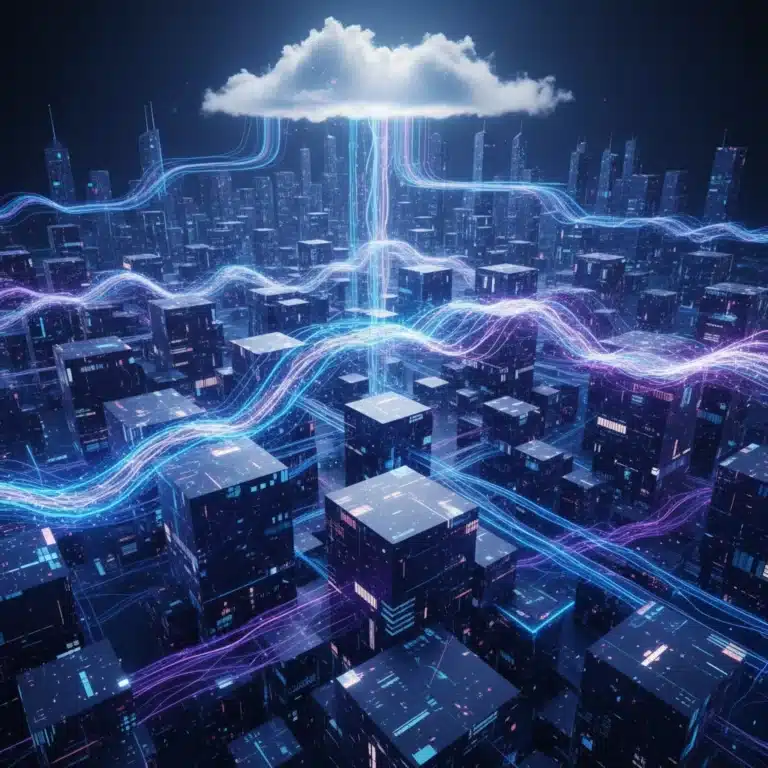 Futuristic cloud data warehousing architecture with interconnected data nodes and analytical insights.