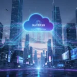 Stylized cloud icon with data flow over a futuristic cityscape, symbolizing successful cloud migration.