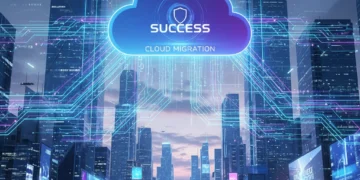 Stylized cloud icon with data flow over a futuristic cityscape, symbolizing successful cloud migration.