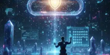 Futuristic cloud storage interface with data flow and user interaction