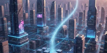 Futuristic city with interconnected edge devices and cloud infrastructure.