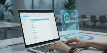 Futuristic desk with organized email inbox on laptop