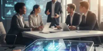 Futuristic meeting scheduling app interface on a tablet with diverse professionals collaborating