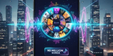 Futuristic smartphone showing music streaming app with 90 million songs and high-fidelity audio waves.