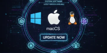 Futuristic interface with OS update button and security icons