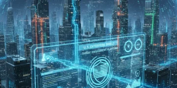 Futuristic cityscape with glowing data streams and SIEM dashboard, representing advanced cybersecurity for U.S. enterprises.