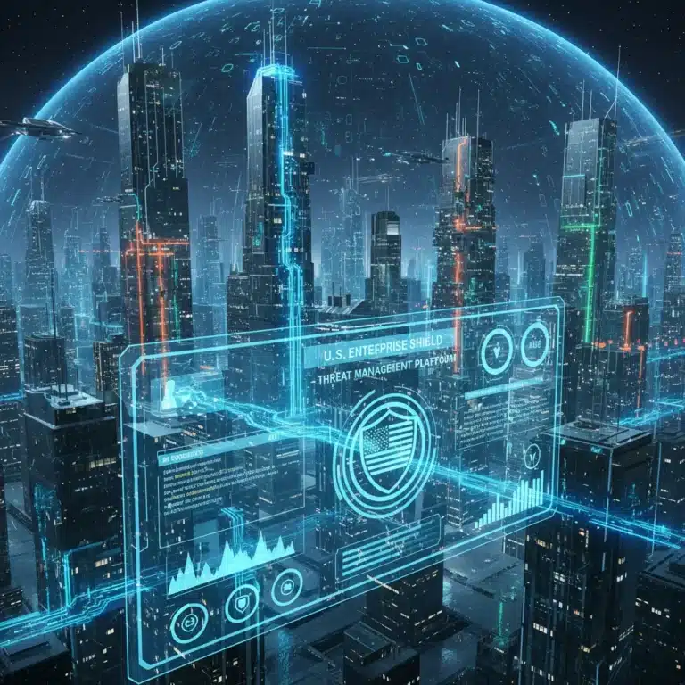 Futuristic cityscape with glowing data streams and SIEM dashboard, representing advanced cybersecurity for U.S. enterprises.