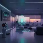 Smart Home Security 2026: The Ultimate 7-Step Cyber Threat Guide Futuristic smart home interior with digital security shield protecting connected devices in 2026.