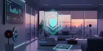 Futuristic smart home interior with digital security shield protecting connected devices in 2026.