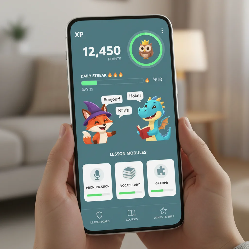 Gamified language learning app interface on smartphone